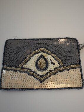 KC MALHAN Gold Bali Sequin Beaded Clutch-Wrist Handbag-Glam-Evening Bag-Compact